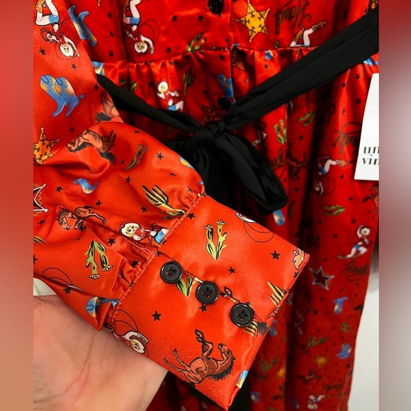 UNIQUE VINTAGE RUST Red Silk Western Print ROCKABILLY Dress with Tie NWT Howdy - Picture 7 of 12